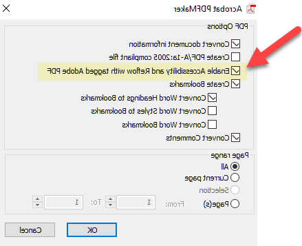 Enable Accessibility and refloew with tagged Adobe PDF check box selected